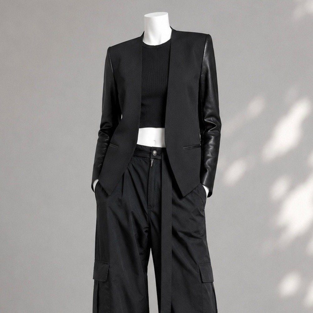 Helmut Lang Wool Tuxedo Jacket Lamb Leather Sleeve Black Minimalist Blazer 2